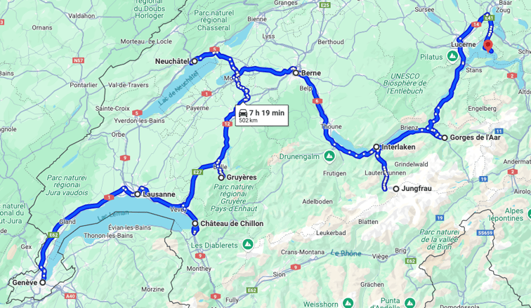 Carte Roadtrip Suisse 15 jours