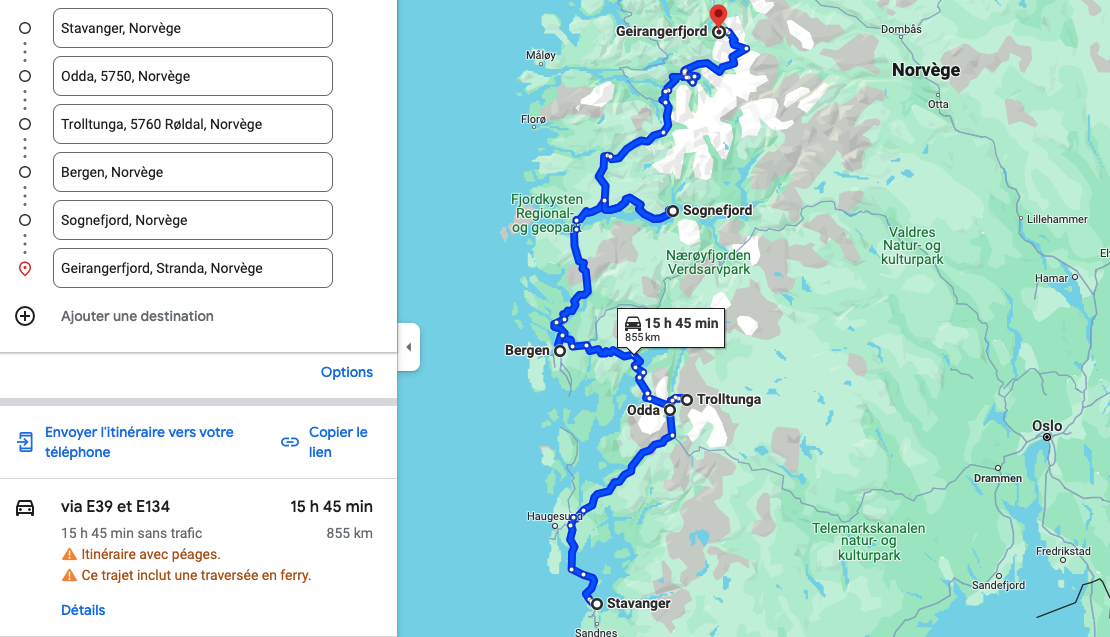 Itinéraire Norvège route des fjords