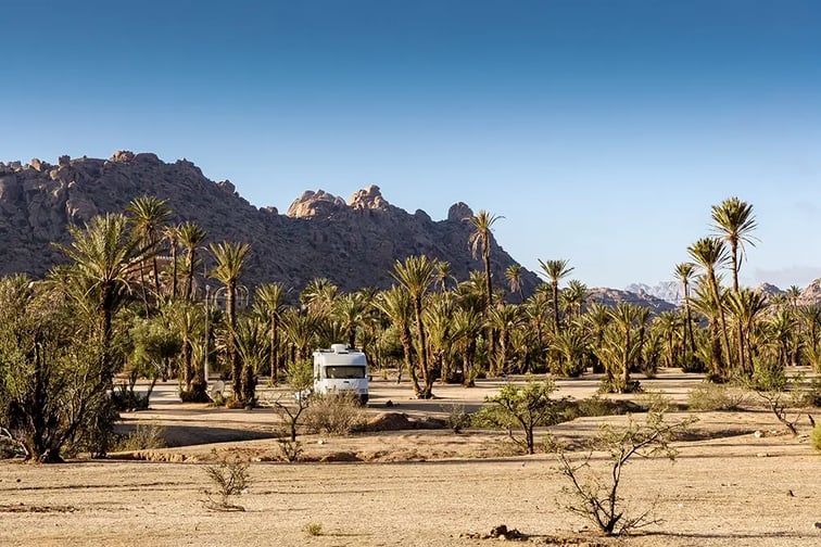 Camping-car stationné sur un grand parking en terre au Maroc, au milieu des palmiers et devant la montagne, sous un ciel bleu sans nuages.